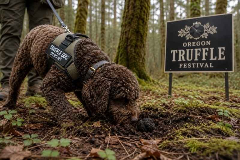 Trained truffle dog foraging for wild black truffles during Oregon Truffle Festival Trained truffle dog foraging for wild black truffles during Oregon Truffle Festival