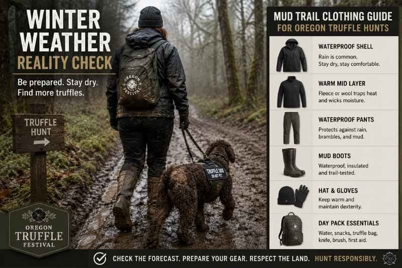 Winter weather reality check and mud trail clothing guide for Oregon truffle hunts Winter weather reality check and mud trail clothing guide for Oregon truffle hunts